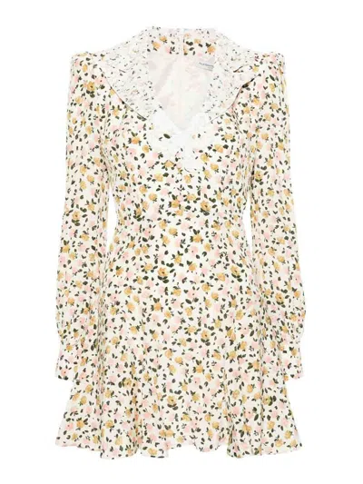 Alessandra Rich Flower Print Silk Short Dress In Nude & Neutrals