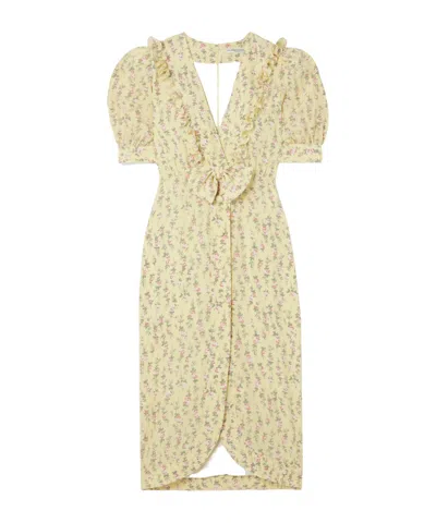 Alessandra Rich Garden Party Bow-detailed Floral-print Silk Crepe De Chine Midi Dress In Yellow