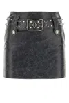 Alessandra Rich Leather Mini Skirt With Belt And Appliques In Gray