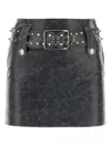Alessandra Rich Leather Mini Skirt With Belt And Appliques In Gray