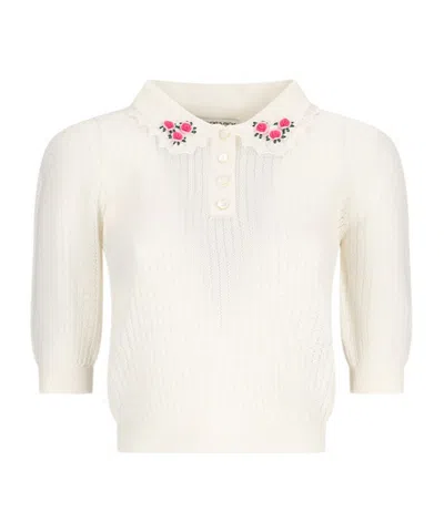 Alessandra Rich Embroidered Wool Knit Top In White