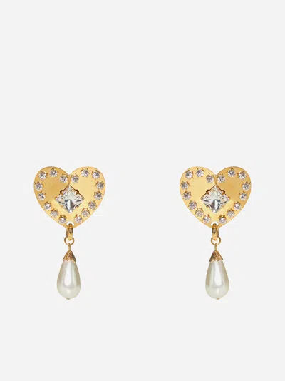 Alessandra Rich Heart Crystals And Pearl Earrings In Gold/white