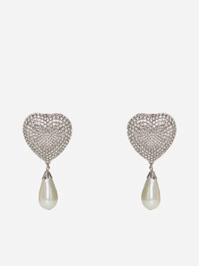 Alessandra Rich Heart Crystals And Pearl Earrings In Silver