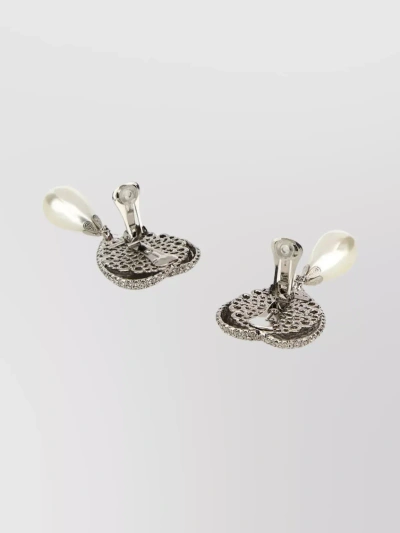Alessandra Rich Heart Rhinestone Metal Earrings In Metallic