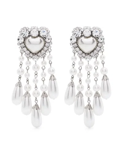 Alessandra Rich Heart-shape Crystal-embellished Drop Earrings In Silver