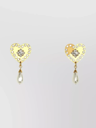 Alessandra Rich Heart-shaped Metal Earrings With Rhinestones And Crystal Embellishments In Gold
