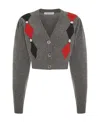 Alessandra Rich Grey Cardigan With 'diamond' Motif And Embroidered Rose Detail In Black