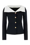 Alessandra Rich Wool Blazer With Contrasting Collar And Gold Buttons In Blue