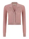 Alessandra Rich Ribbed Knit Cardigan Front Pockets In Pink