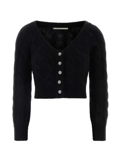Alessandra Rich Mohair Blend Sequin Cable Knit Off-shoulder Top In Black