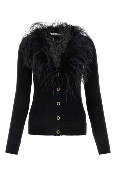 Alessandra Rich Feather-trim Detail Knitted Cardigan In Black