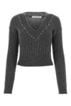 Alessandra Rich Wool Knit Sweater With Studs And Crystals In Greymelange