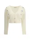 Alessandra Rich Cropped Mohair V-neck Cardigan With Long Sleeves In White