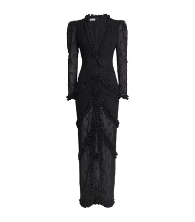 Alessandra Rich Womens Black V-neck Ruffled Lace Maxi Dress