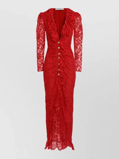 Alessandra Rich Lace Maxi Dress V Neck Ruffle Sleeves In Red