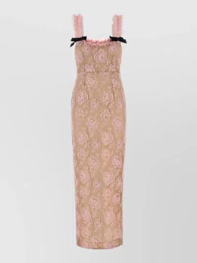 Alessandra Rich Lace Midi Dress Sleeveless Floral Ruffles Bows In Multi