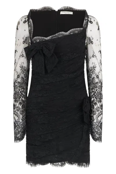 Alessandra Rich Lace Mini With Bow Neckline Dress In Black