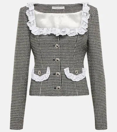 Alessandra Rich Lace-trimmed Checked Tweed Jacket In Black-white