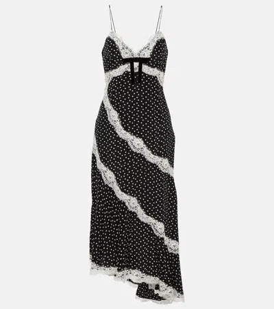 Alessandra Rich Lace-trimmed Polka-dot Silk Midi Dress In Black