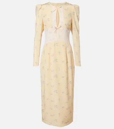 Alessandra Rich Lace-trimmed Floral Silk Midi Dress In Yellow