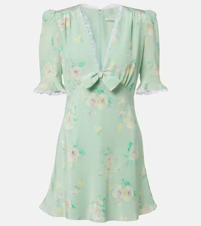 Alessandra Rich Floral-print Lace-trimmed Bow-embellished Silk Mini Dress In Blue