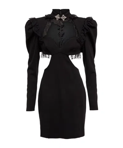Alessandra Rich Lace-trimmed Wool-blend Minidress In Black