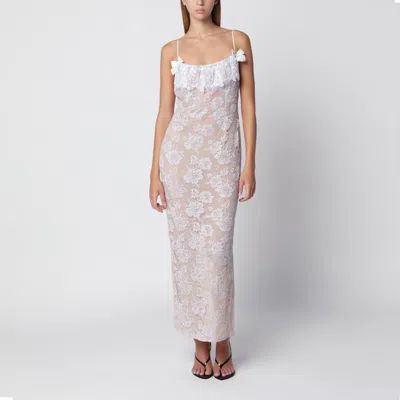 Alessandra Rich Long Floral Dress Sheer Ruffled Neckline In Multi