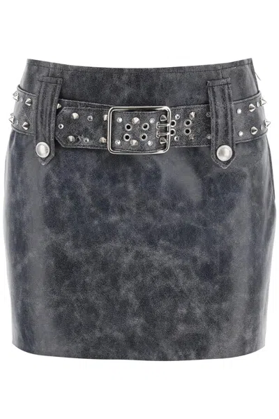 Alessandra Rich Leather Mini Skirt With Belt And Appliques In Grey