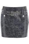 ALESSANDRA RICH LEATHER MINI SKIRT WITH BELT AND APPLIQUES