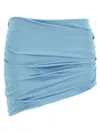 Alessandra Rich Asymmetric Ruched Satin Miniskirt In Light Blue