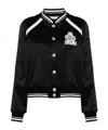 Alessandra Rich Satin Bomber Jacket With Logo Patch In Black