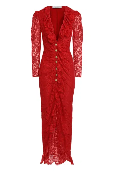 Alessandra Rich Long Lace Dress In Red