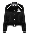 Alessandra Rich Satin Bomber Jacket With Logo Patch In Black