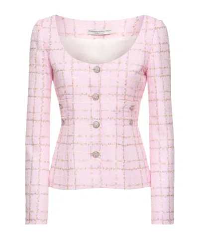 Alessandra Rich Sequined Checked Tweed Round Neck Jacket In Multi Lightpink