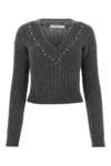 Alessandra Rich Wool Knit Sweater With Studs And Crystals In Greymelange