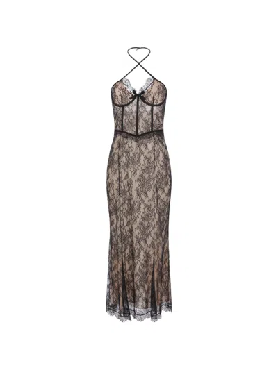 Alessandra Rich Maxi Chantilly Lace-overlay Halterneck Dress In Multi