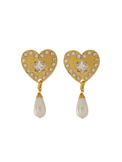 Alessandra Rich Metal Heart Earrings With Crystals In Gold