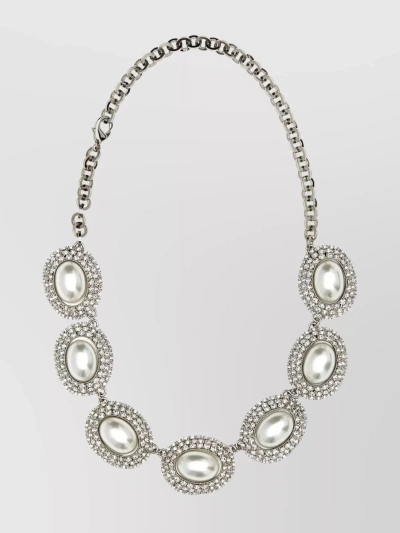 Alessandra Rich Metal Necklace With Rhinestone And Pearl Embellishments In Metallic