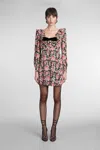 Alessandra Rich Rose Print Mini Silk Dress In Black