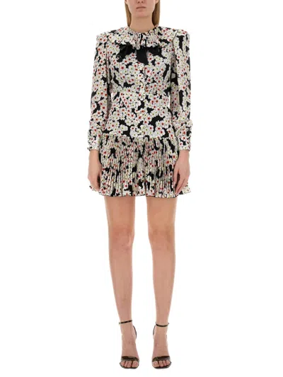 Alessandra Rich Womens Black Wht Multi Floral-print Pleated Silk Mini Dress