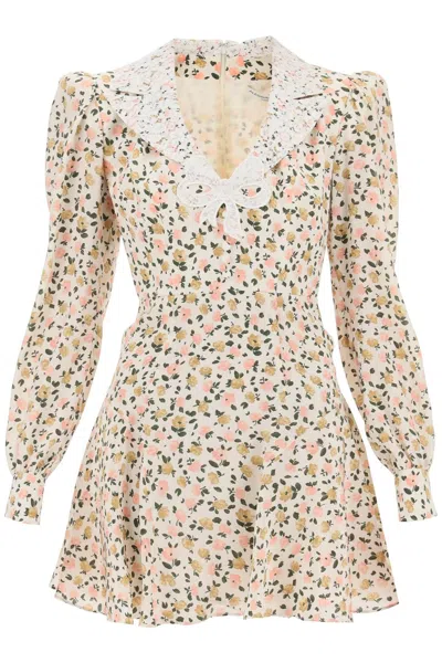 Alessandra Rich Cream Floral Print Lace Trim Mini Dress In Multi