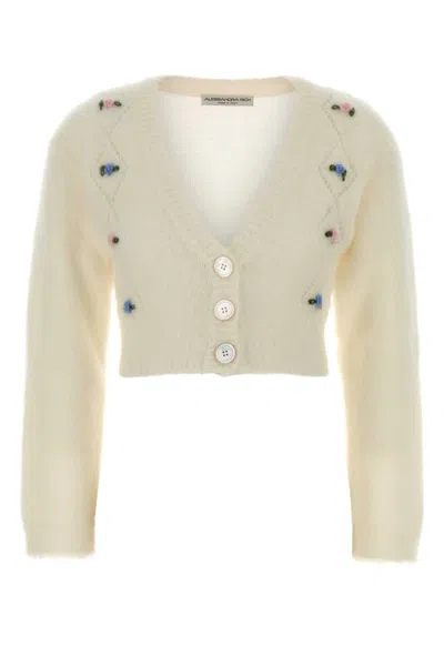 Alessandra Rich Carded Mohair Knit Cardigan With Embroidery In Neutral