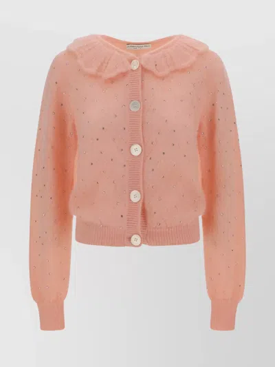 Alessandra Rich Mohair Knit Cardigan Rhinestone Embellishments In Pink