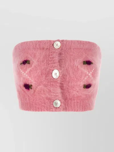 ALESSANDRA RICH MOHAIR TOP WITH BUTTON DETAILING AND FLORAL EMBROIDERY