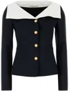 Alessandra Rich Wool Blazer With Contrasting Collar And Gold Buttons In 蓝色