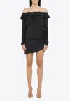 Alessandra Rich Off-shoulder Polka Dots Silk Mini Dress In Navy