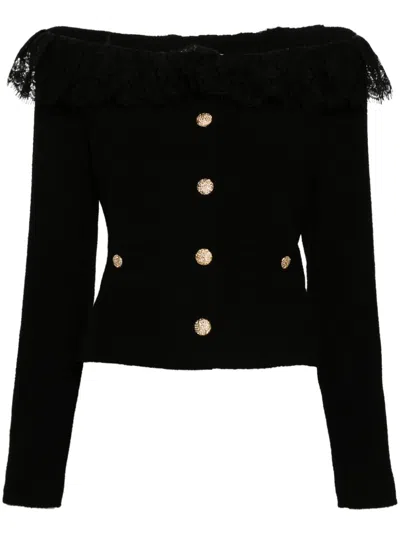 Alessandra Rich Off-shoulder Tweed Bou In Black
