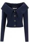 Alessandra Rich Off-shoulder Wool Cardigan In Navy Blue (blue)
