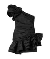 Alessandra Rich One-shoulder Bow-embellished Ruched Taffeta Mini Dress In Black