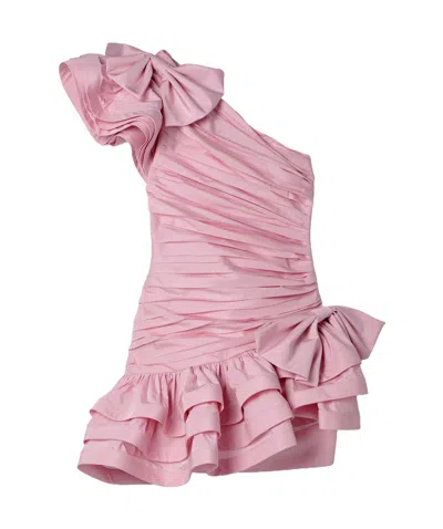 Alessandra Rich One-shoulder Bow-embellished Ruched Taffeta Mini Dress In Pink